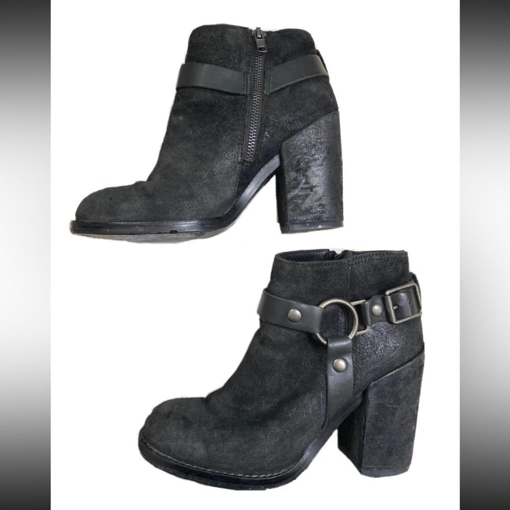 ASH -Falcon Bootie Black Distressed Suede Leather Harness Block Heel Size 37 (6)